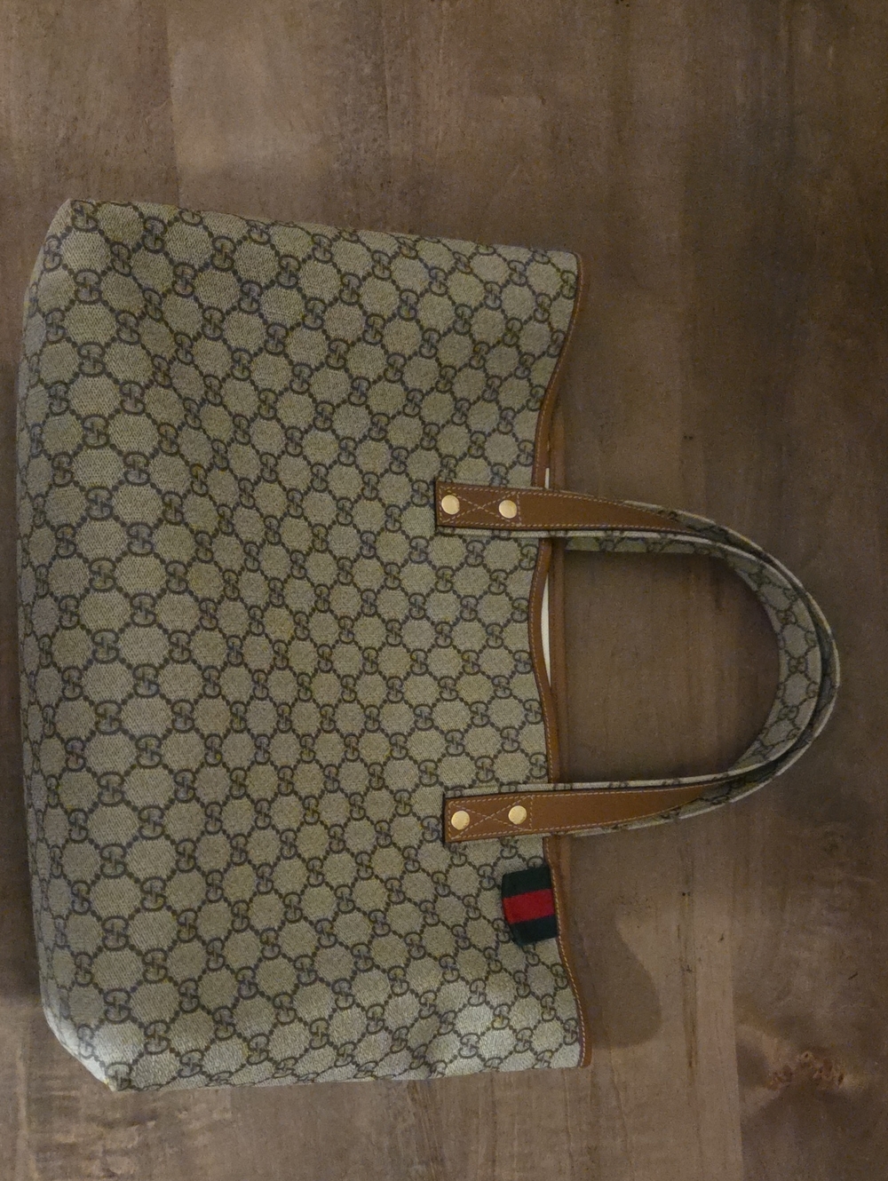 Gucci Designer Beige Monogram Tote Bag with Brown Trim